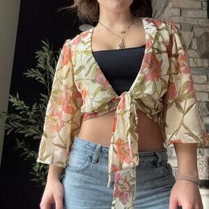 Chrysanthemum multicoloured floral blouse with tie front size small